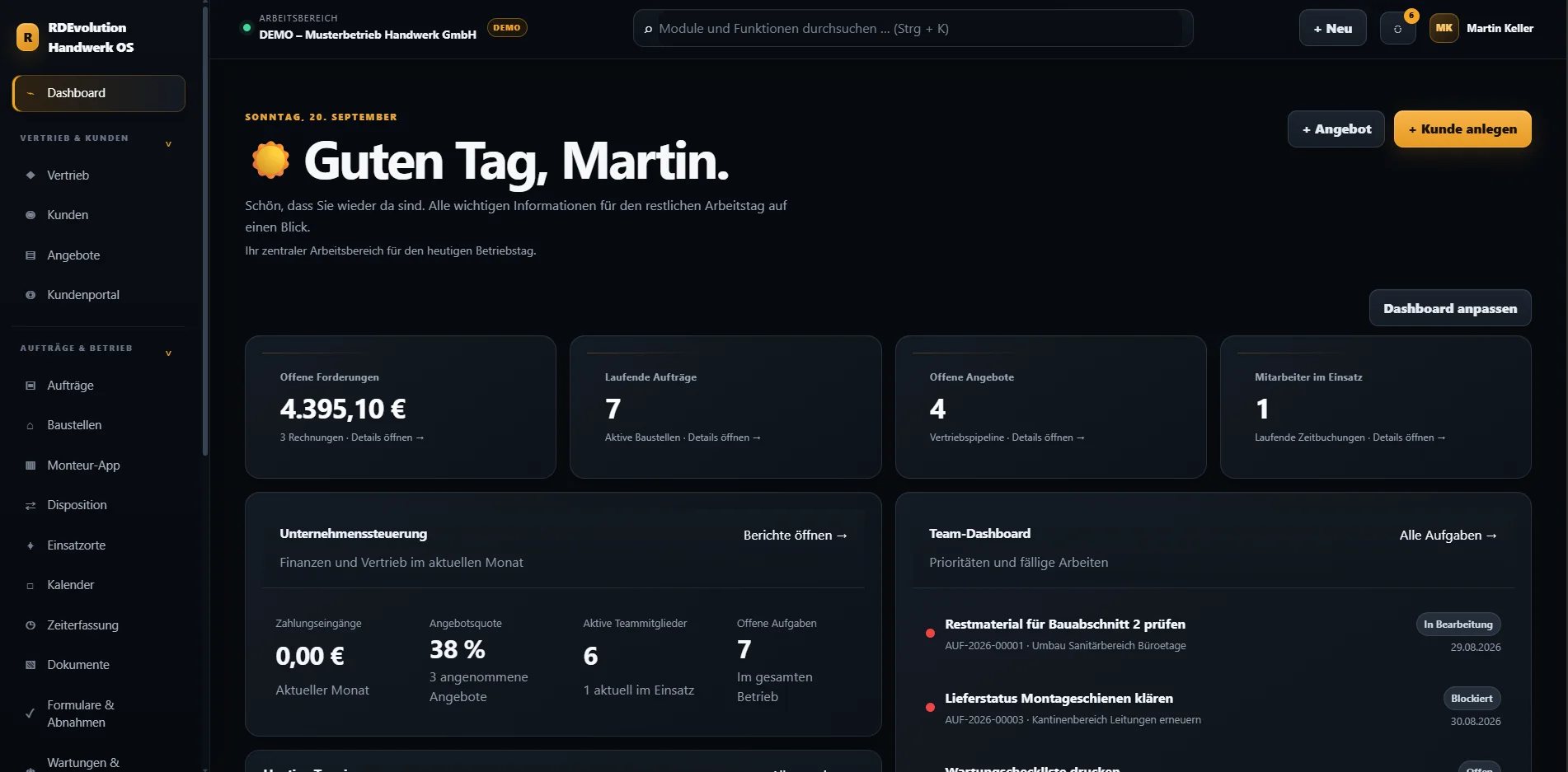 Dashboard von Handwerk OS im Browser mit Kennzahlen, Unternehmenssteuerung und Team-Dashboard