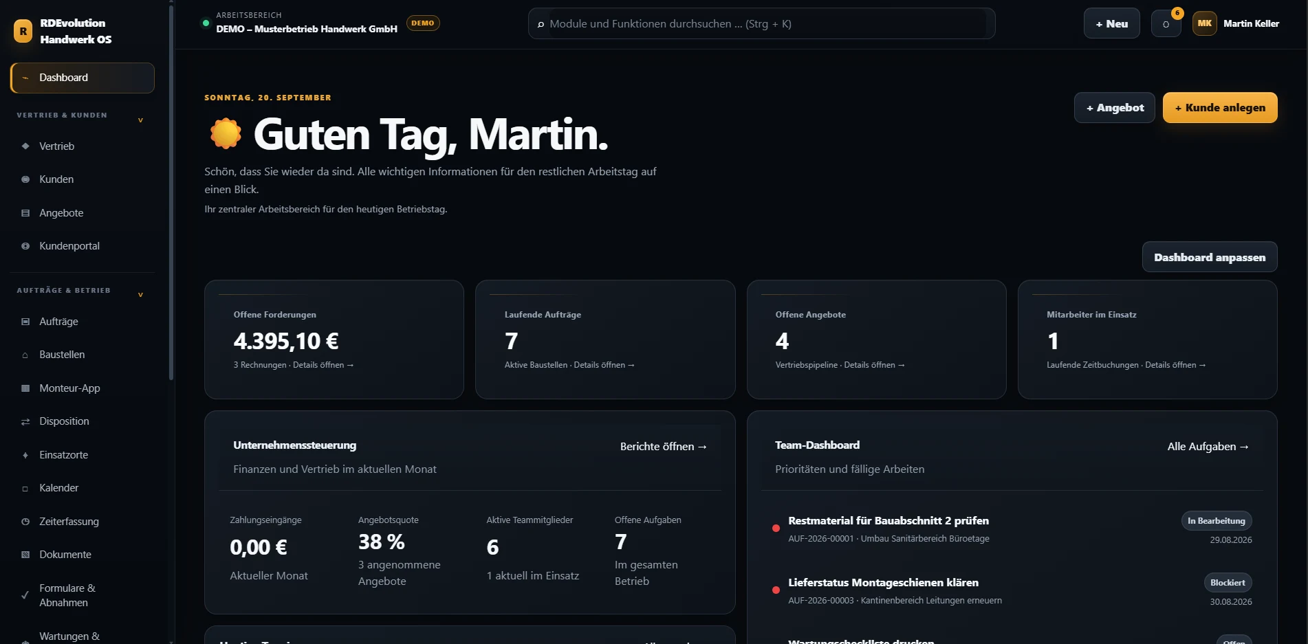 Handwerk OS Dashboard im Browser mit Navigation, Kennzahlen zu Forderungen, Aufträgen, Angeboten und Mitarbeitern, Unternehmenssteuerung und Team-Dashboard