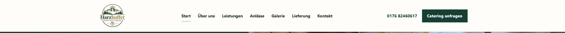 Kopfzeile der Harzbuffet-Website mit Logo, Navigation, Telefonnummer und Button „Catering anfragen“