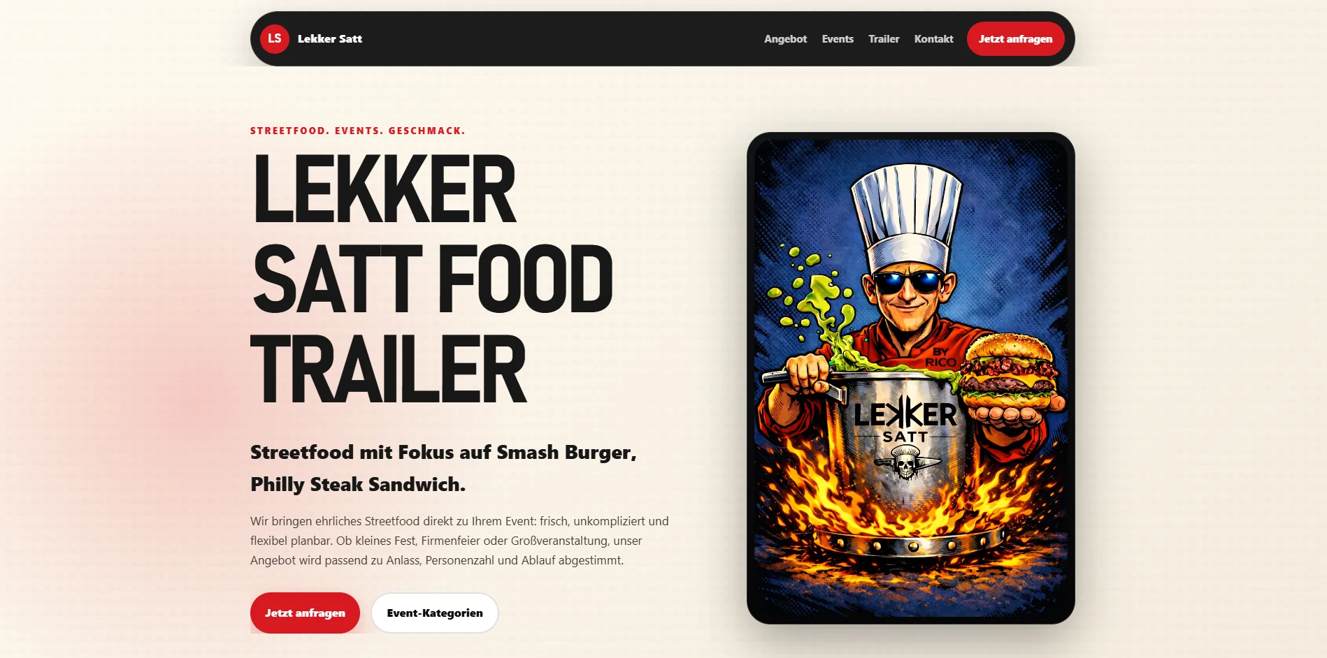 Startseite der Website von Lekker Satt mit Trailer-Motiv und Anfrage-Button