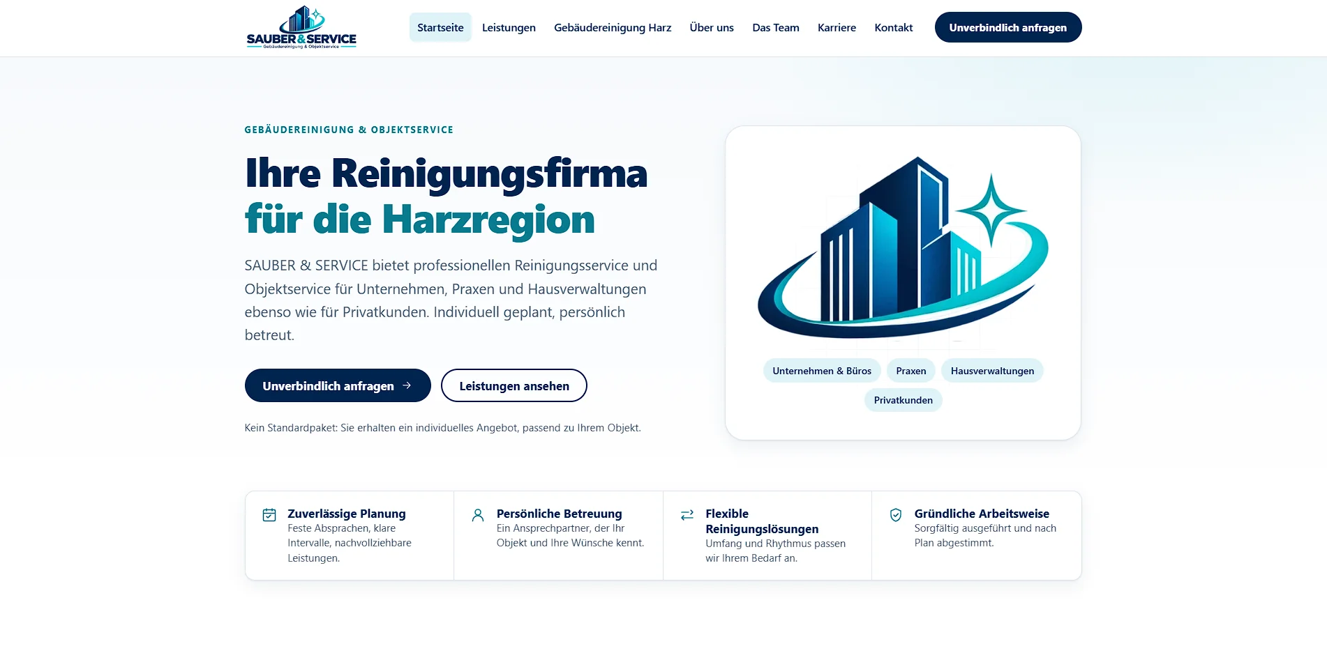 Startseite der Website von SAUBER & SERVICE mit Logo, Headline „Ihre Reinigungsfirma für die Harzregion“ und Button „Unverbindlich anfragen“