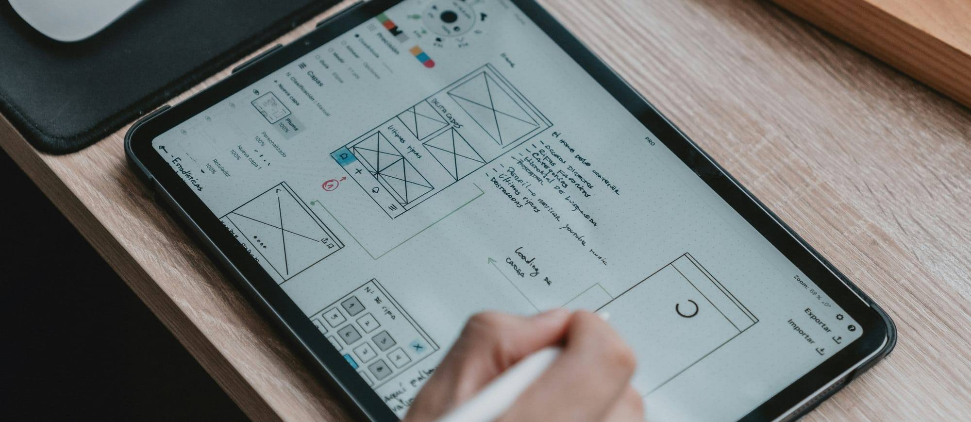 Tablet mit Wireframe-Skizzen einer Website-Oberfläche, auf dem eine Person mit einem Stift zeichnet